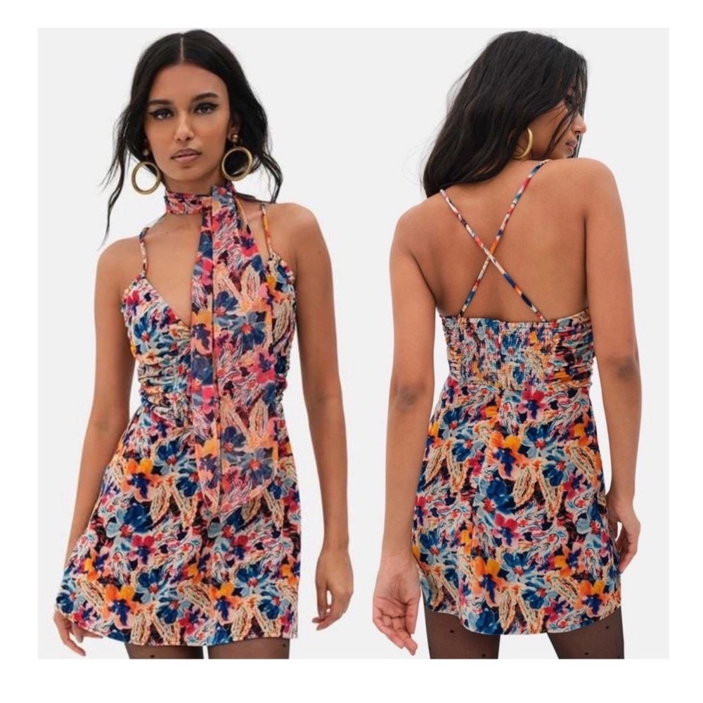 For Love & Lemons Floral Velvet Mini Dress with Scarf Multi Color Small NWT